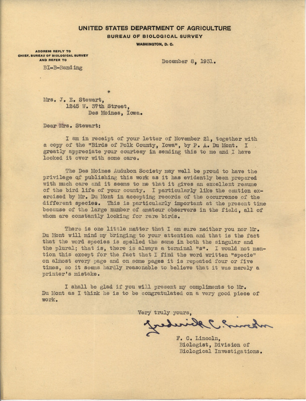 Letter from Frederick Lincoln to Mrs. J.E. Stewart dated December 8, 1931. Lincoln praises Philip DuMont's work in general but points out a word that is repeatedly used incorrectly.