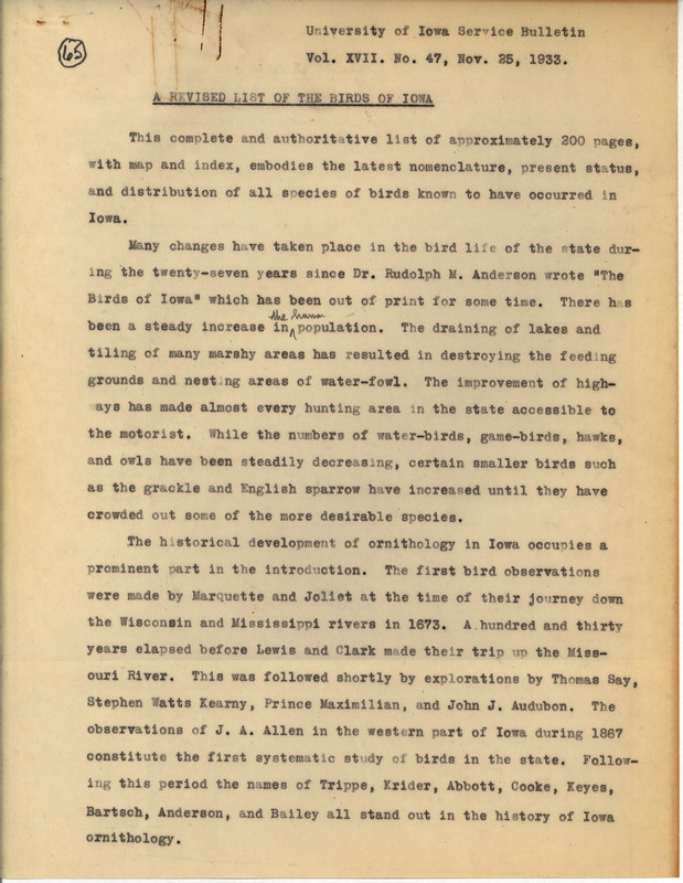 Article dated November 25, 1933. This article contains a description of the Philip DuMont book "A Revised list of the Birds of Iowa" and includes a brief history of ornithology in Iowa. Published as University of Iowa Service Bulletin, vol. 17, no. 47.