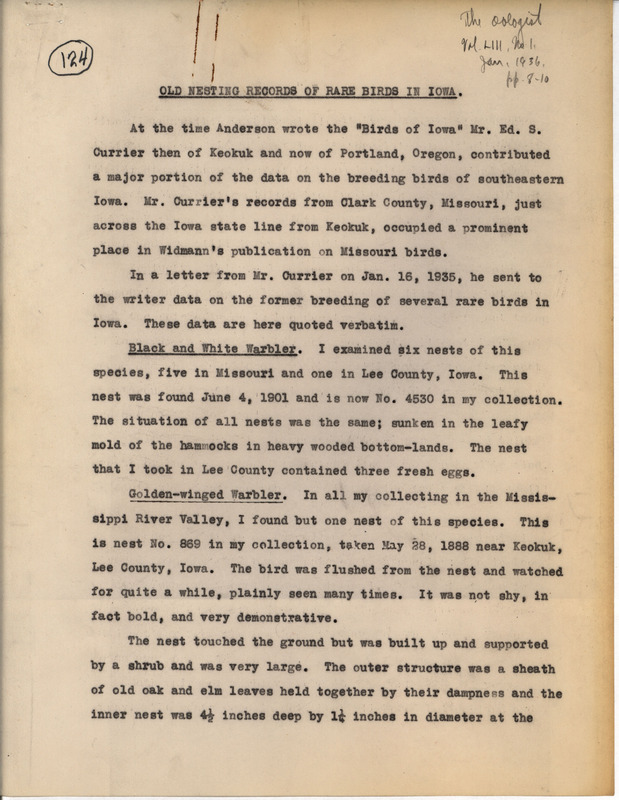 Draft article. In this article Philip DuMont recounts information he received from Ed Currier regarding his collection of bird nests. Published in the Oologist, vol. 53, no. 1, January 1936.