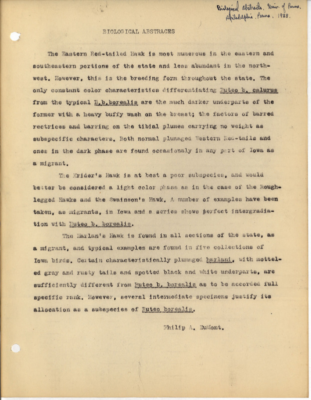 Draft article. In this article Philip DuMont discusses Hawks in Iowa, focusing on the Red-tailed Hawk and its subspecies. Published in Biological Abstracts, 1933.