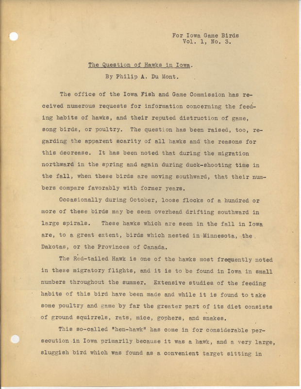 Draft article. In this article Philip DuMont responds to the question whether Hawks are as destructive as many people believe. Published in Iowa Game Birds, vol. 1, no. 3.