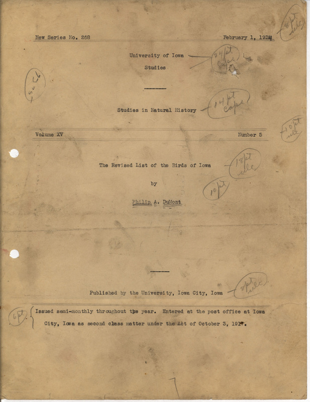 Manuscript dated February 1, 1934. This is an edited manuscript for the revised edition of the book "The Revised list of the birds of Iowa" published by the University of Iowa and issued as University of Iowa studies in natural history, vol. 15, no. 5. This work lists all the bird species known to have occurred in Iowa. This item ends on manuscript page 92.