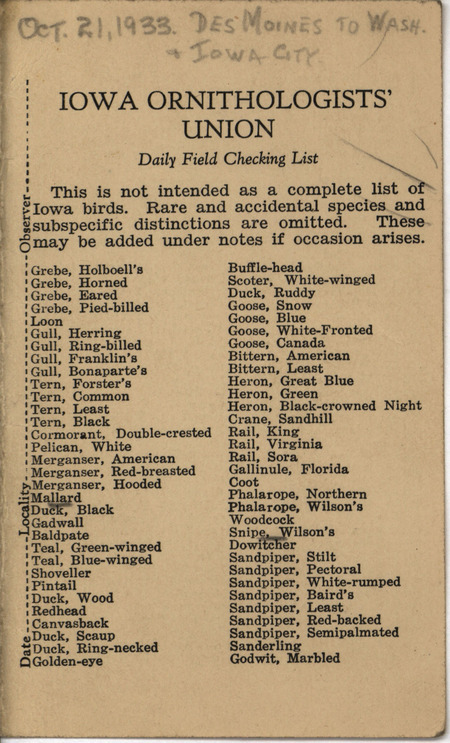 Bird checklist dated October 21, 1933. A checklist of birds sighted by Philip DuMont on a trip from Des Moines to Iowa City annotated with the route taken.