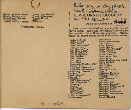Bird checklist dated December 7, 1933. A checklist of birds sighted by Philip DuMont in Clay, Palo Alto, Emmet and Dickinson counties.