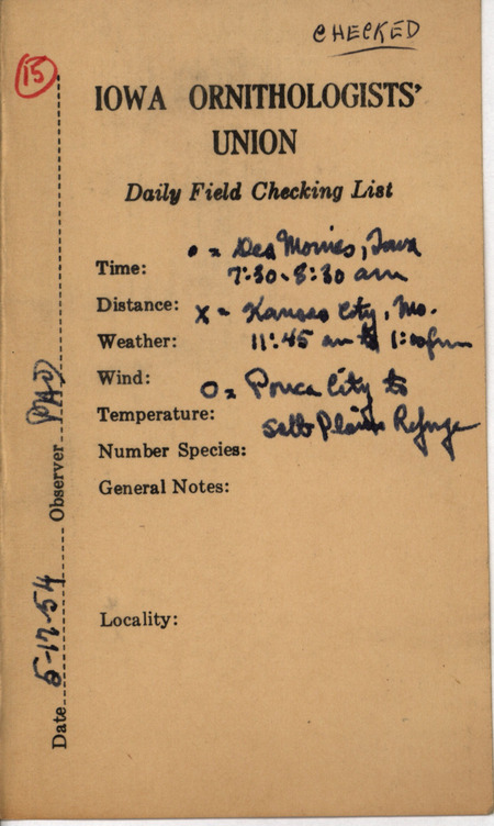 Bird checklist dated May 17, 1954. A checklist of birds sighted by Philip DuMont on a trip from Des Moines to the Salt Plains Refuge, annotated with number sighted.