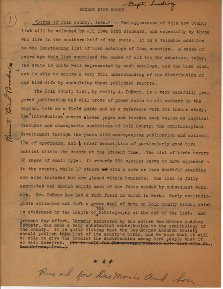 Undated report. This report is a review of the book "Birds of Polk County, Iowa." This is a draft of an advertisement published in Iowa Bird-Life, vol. 1, no. 4.