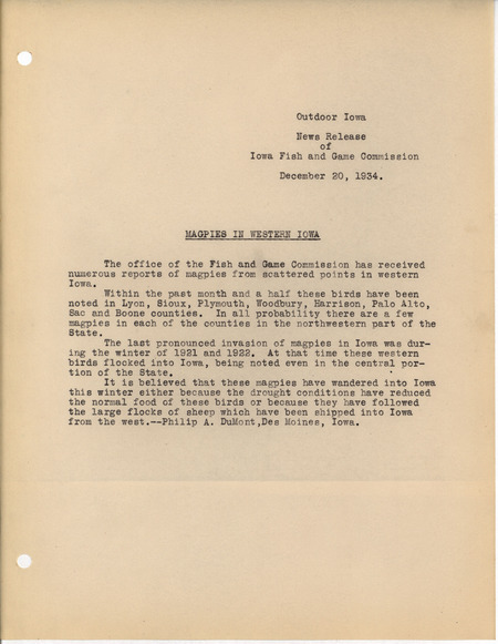 Press release dated December 20, 1934. In this Outdoor Iowa news release from the Iowa Fish and Game Commission Philip DuMont notes the largest Magpie presence in Iowa since the winter of 1921-1922.