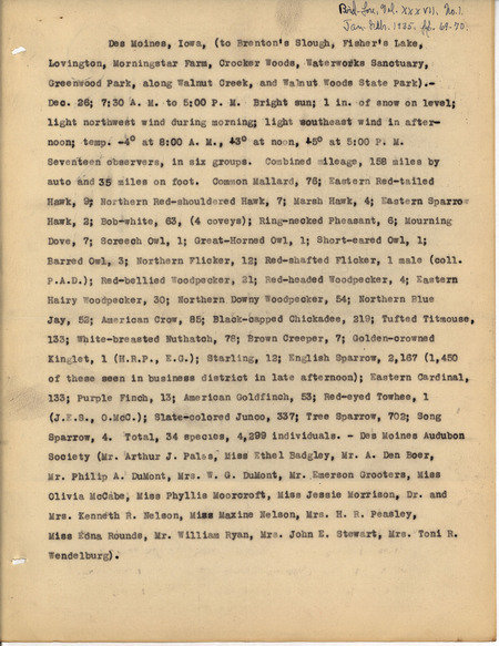 Draft article. Contains summary results for the Des Moines Audubon Society Christmas bird count held December 26 1934. These results were included in the article "Christmas bird censuses from Iowa" published in Bird-Lore, vol. 37, no. 1.