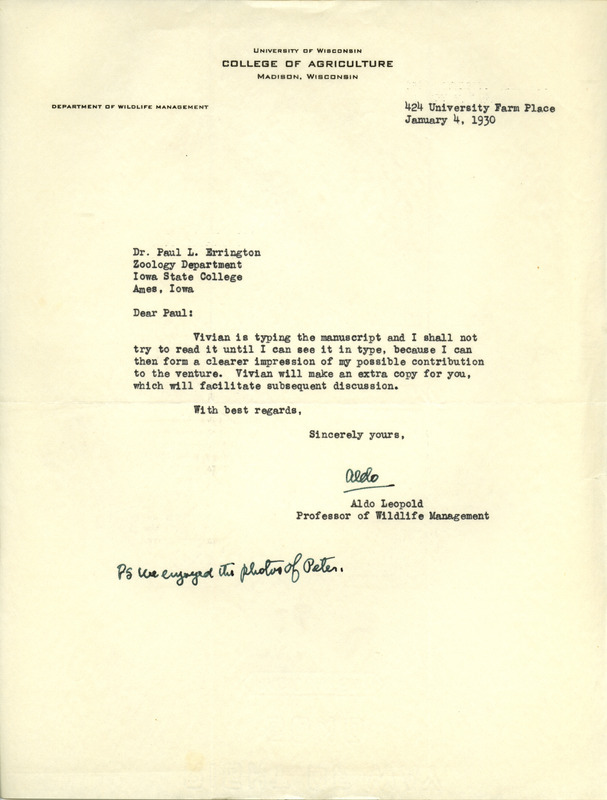 Aldo Leopold letter to Paul Errington, January 4, 1930
