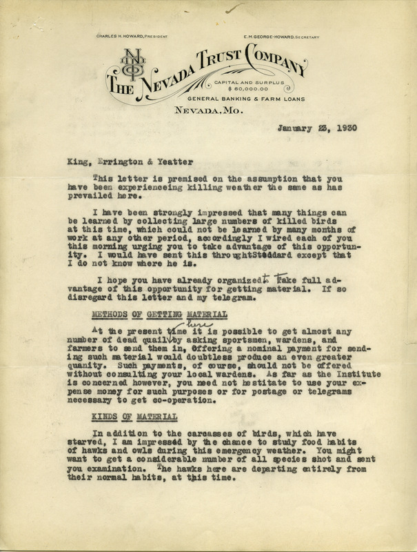 Aldo Leopold letter to Paul Errington, January 23, 1930