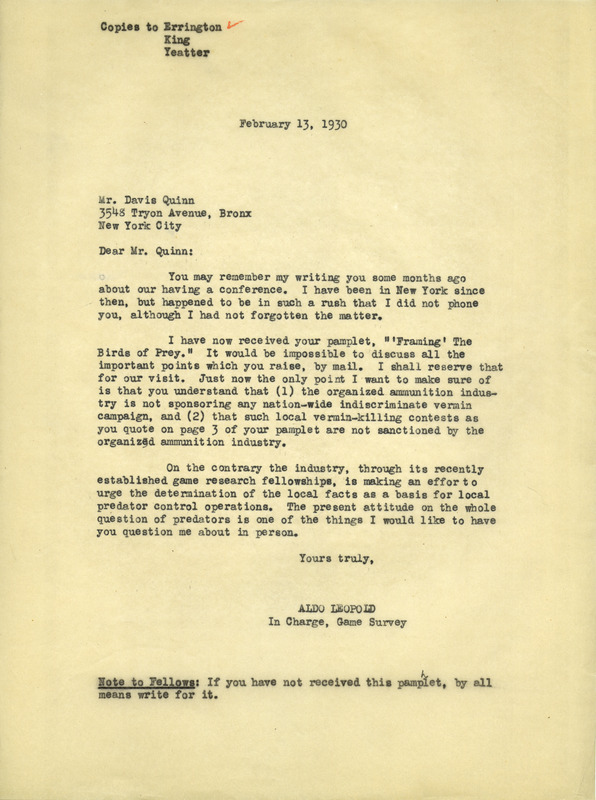 Aldo Leopold letter to Quinn, February 13, 1930