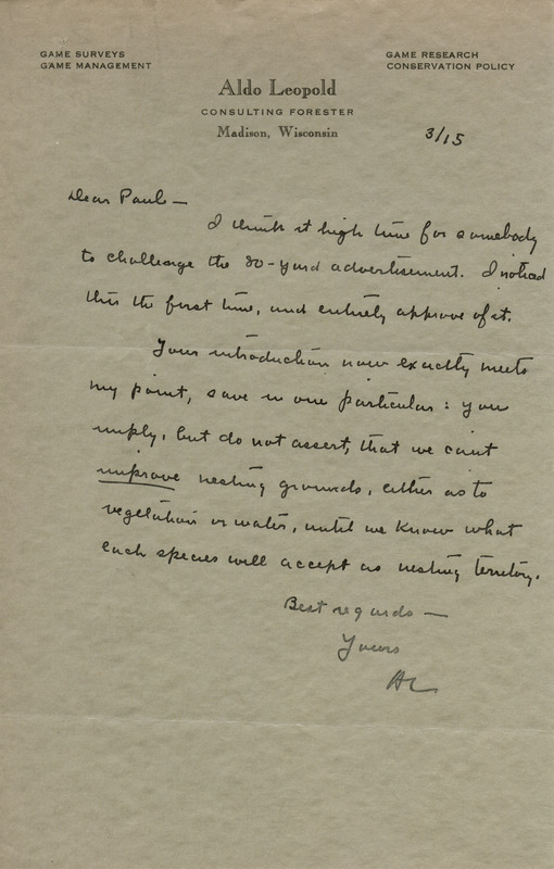 Aldo Leopold letter to Paul Errington, March 15, 1930