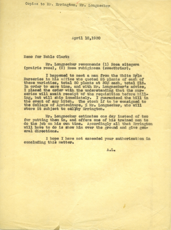 Aldo Leopold letter to Clark, April 18, 1930