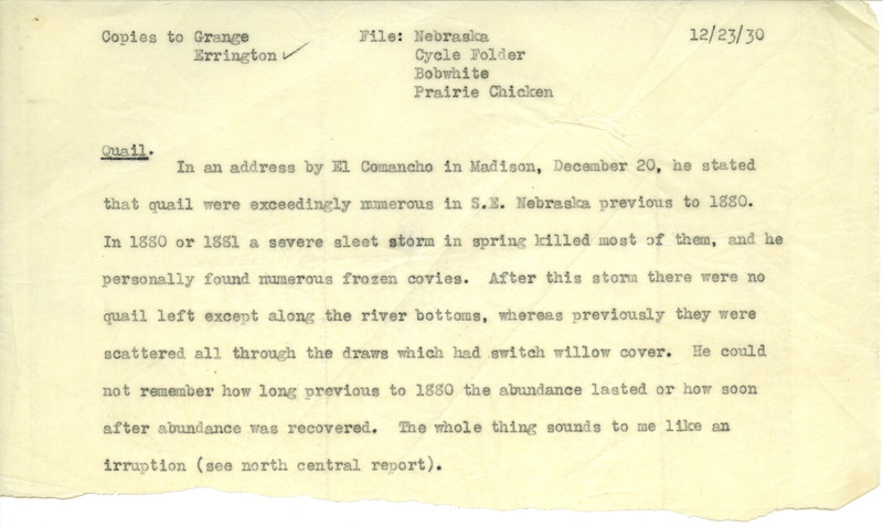 Aldo Leopold letter to Paul Errington, December 23, 1930