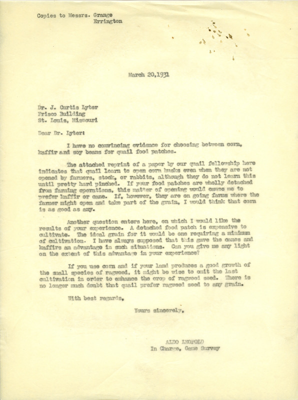 Aldo Leopold letter to Lyter, March 20, 1931