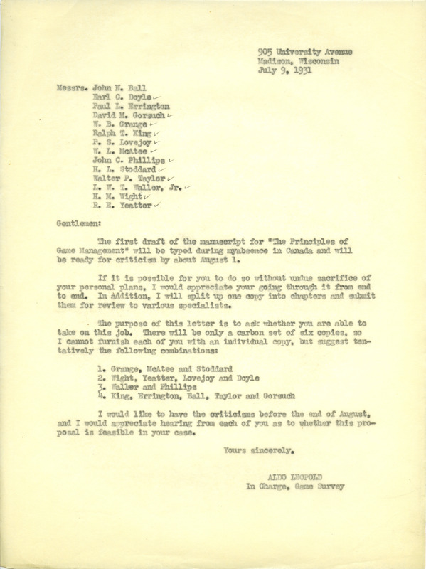 Aldo Leopold letter to Paul Errington, July 9, 1931