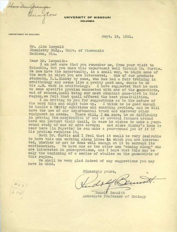 Letter from Bennitt to Aldo Leopold, September 19, 1931