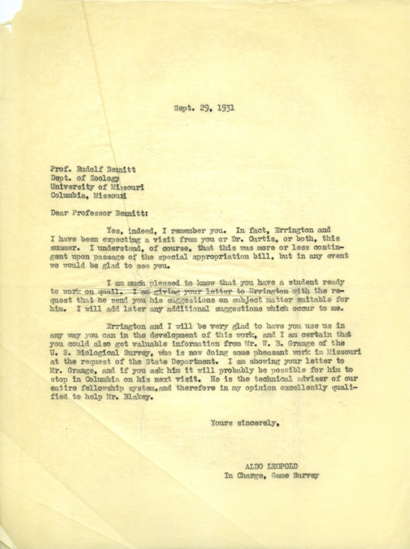Aldo Leopold letter to Bennitt, September 29, 1931