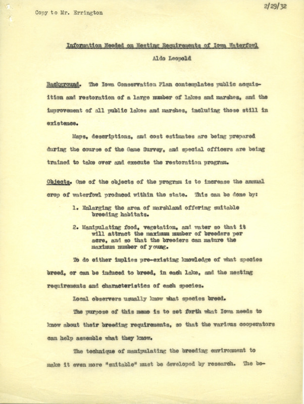 Aldo Leopold letter to Paul Errington, February 29, 1932