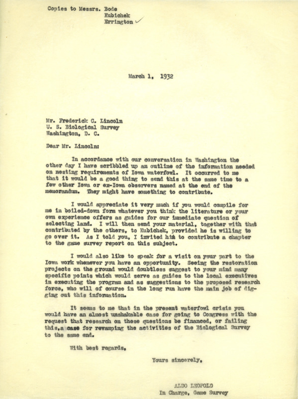 Aldo Leopold letter to Lincoln, March 1, 1932
