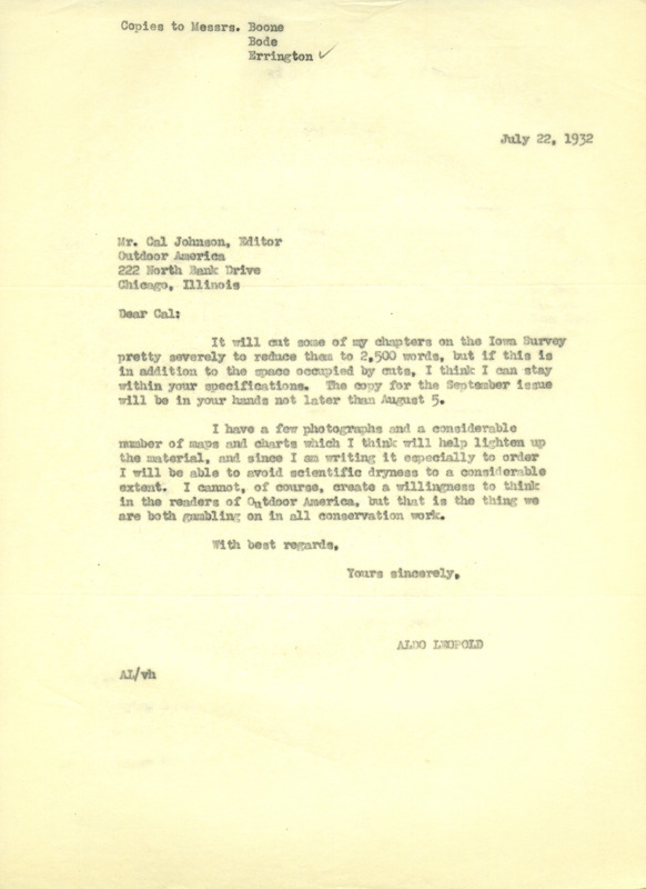 Aldo Leopold letter to Johnson, July 22, 1932
