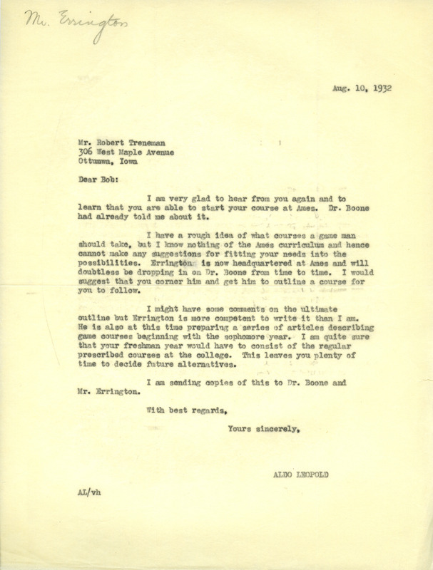 Aldo Leopold letter to Treneman, August 10, 1932