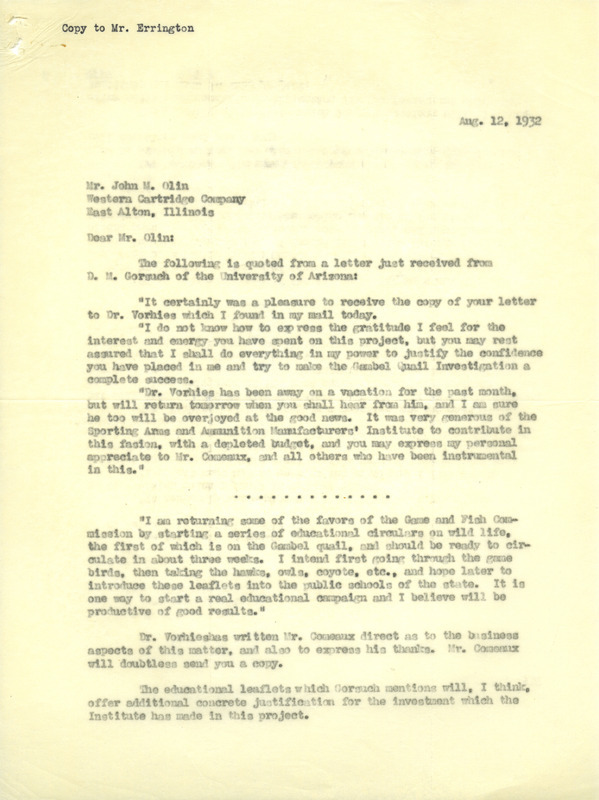 Aldo Leopold letter to Olin, August 12, 1932