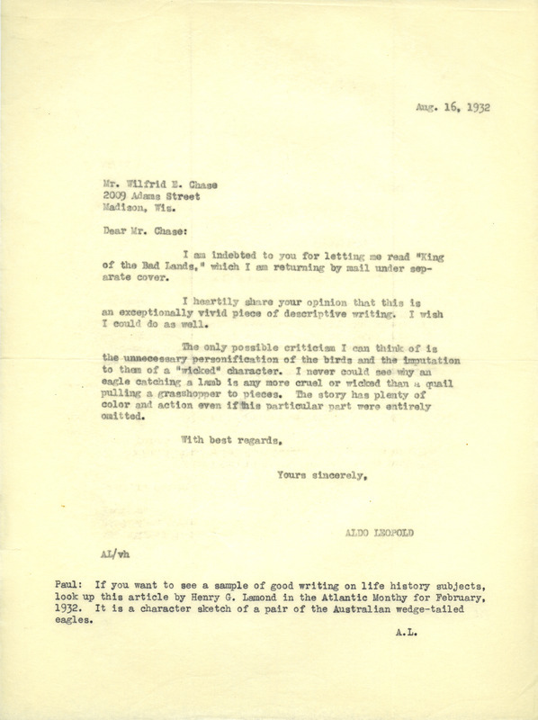 Aldo Leopold letter to Chase, August 16, 1932