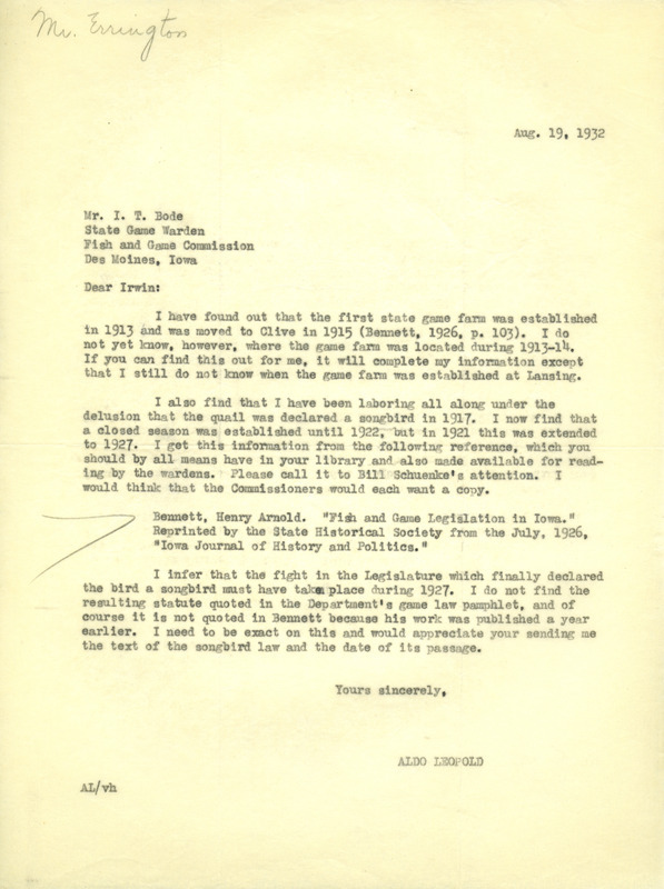 Aldo Leopold letter to Bode, August 19, 1932