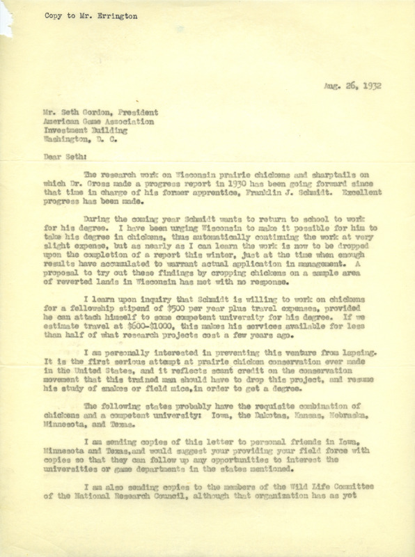 Aldo Leopold letter to Gordon, August 26, 1932