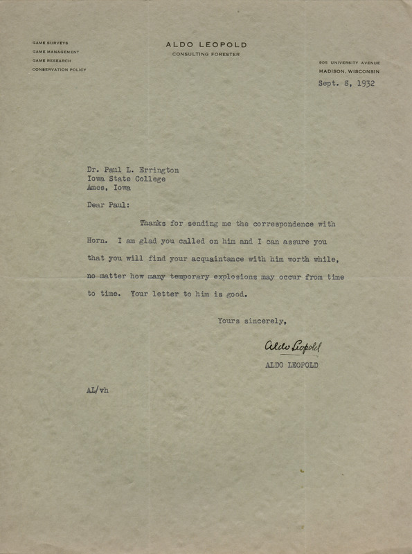 Aldo Leopold letter to Paul Errington, September 8, 1932