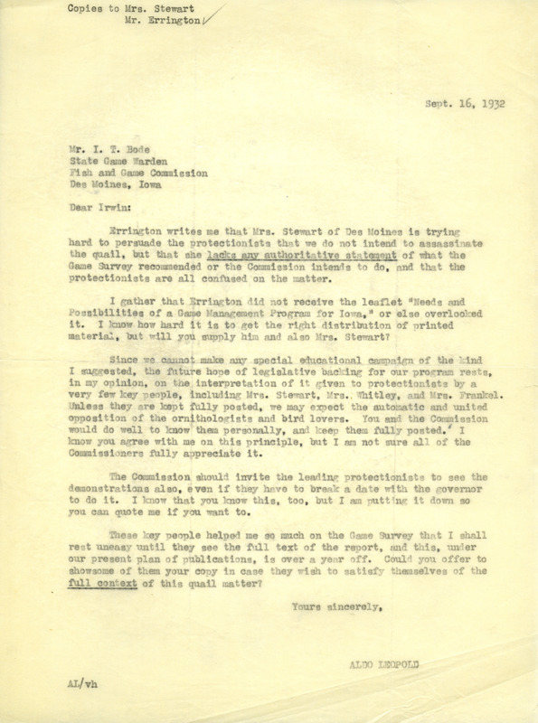 Aldo Leopold letter to Bode, September 16, 1932