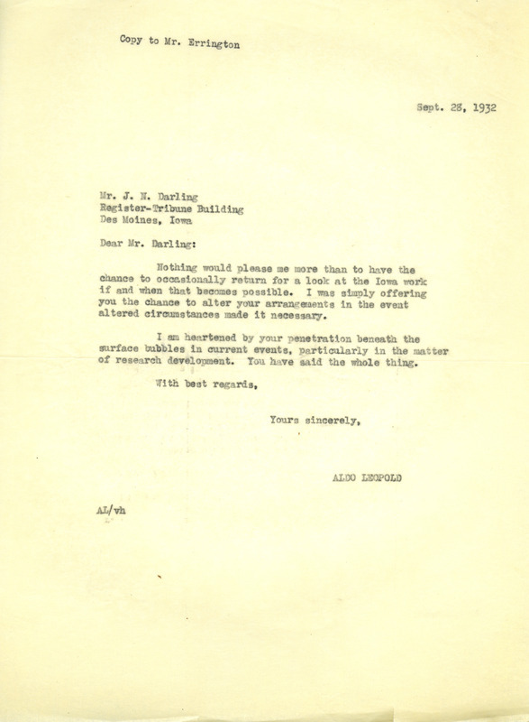 Aldo Leopold letter to Darling, September 28, 1932