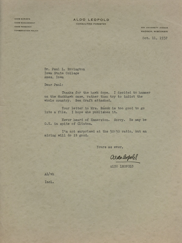 Aldo Leopold letter to Paul Errington, October 11, 1932