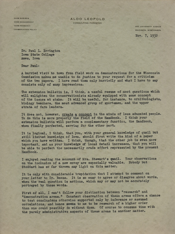 Aldo Leopold letter to Paul Errington, November 7, 1932