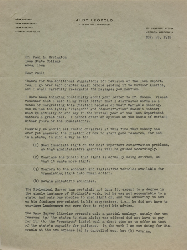 Aldo Leopold letter to Paul Errington, November 28, 1932