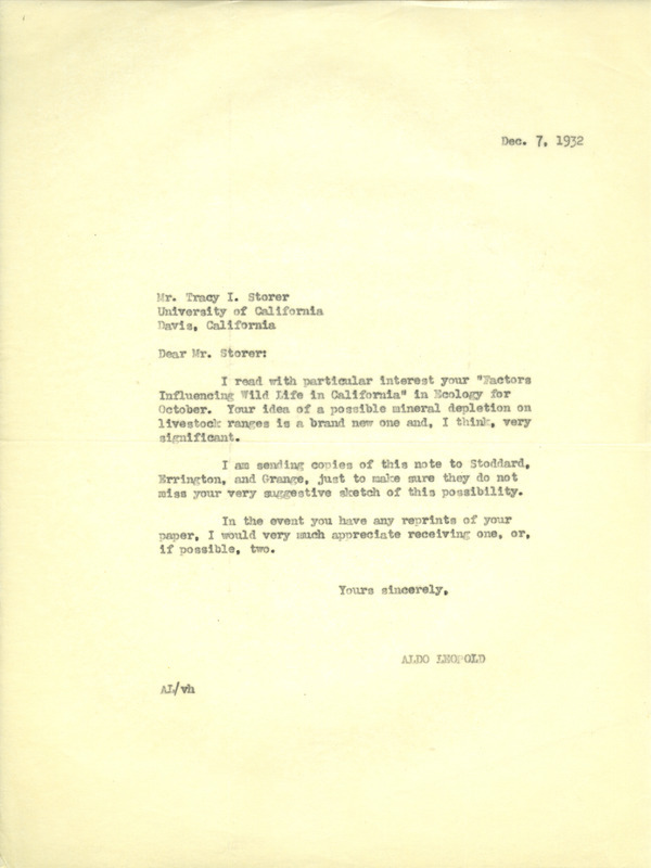 Aldo Leopold letter to Storer, December 7, 1932