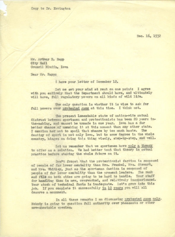 Aldo Leopold letter to Rapp, December 16, 1932
