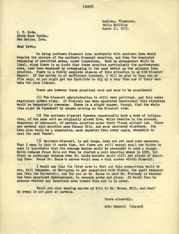 Aldo Leopold letter to Bode, March 11, 1933