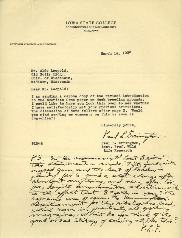 Paul Errington letter to Aldo Leopold, March 14, 1933