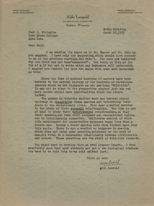 Aldo Leopold letter to Paul Errington, March 20, 1933