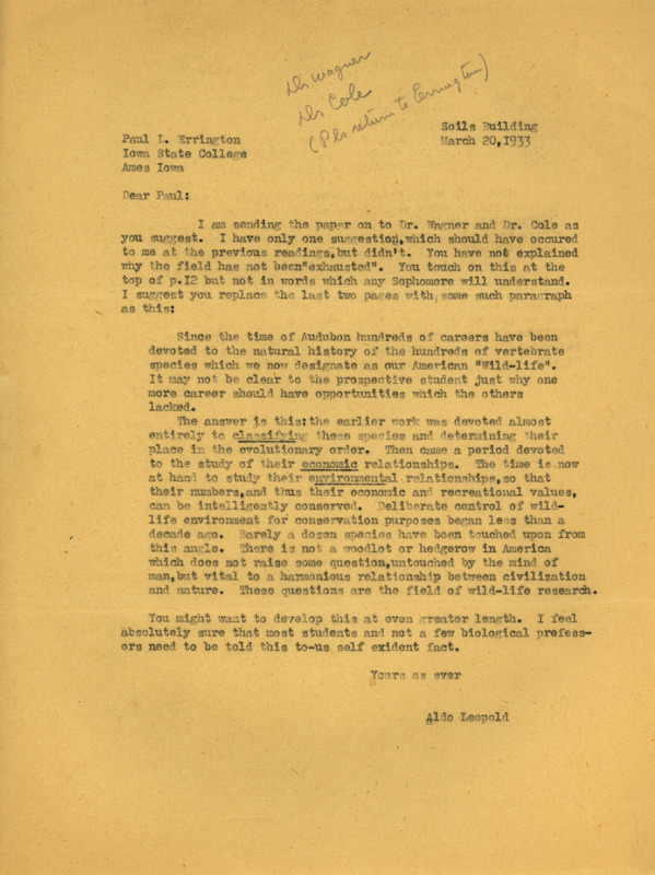 Aldo Leopold letter to Paul Errington, March 20, 1933 copy