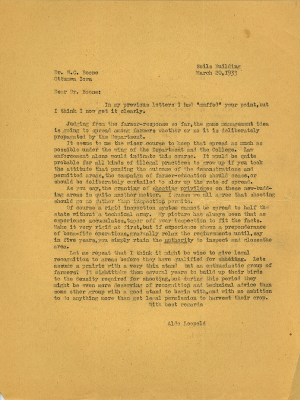 Aldo Leopold letter to Boone, March 20, 1933