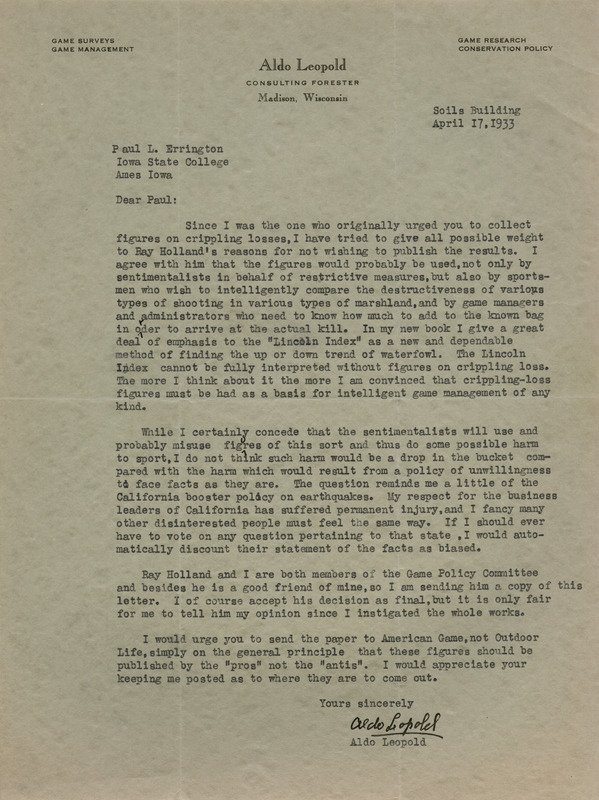 Aldo Leopold letter to Paul Errington, April 17, 1933
