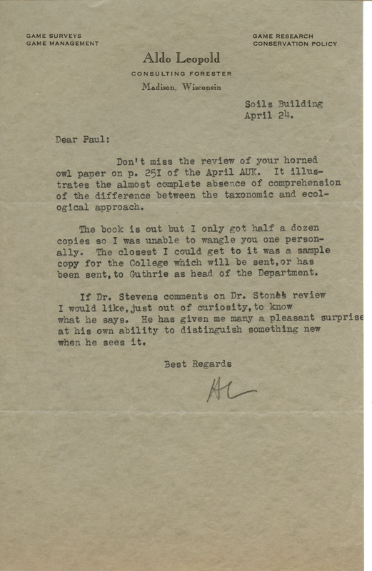 Aldo Leopold letter to Paul Errington, April 24, 1933