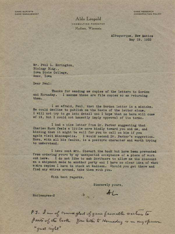 Aldo Leopold letter to Paul Errington, May 19, 1933