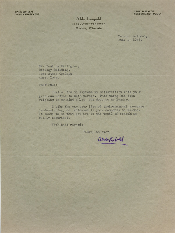 Aldo Leopold letter to Paul Errington, June 1, 1933