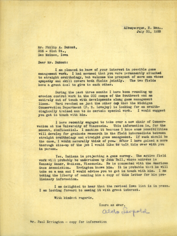 Aldo Leopold letter to DuMont, July 31, 1933