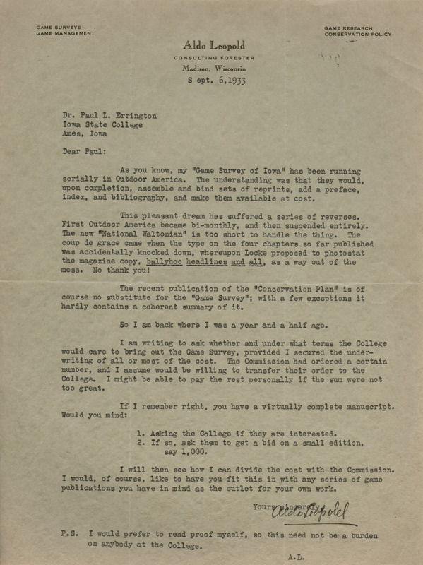 Aldo Leopold letter to Paul Errington, September 6, 1933