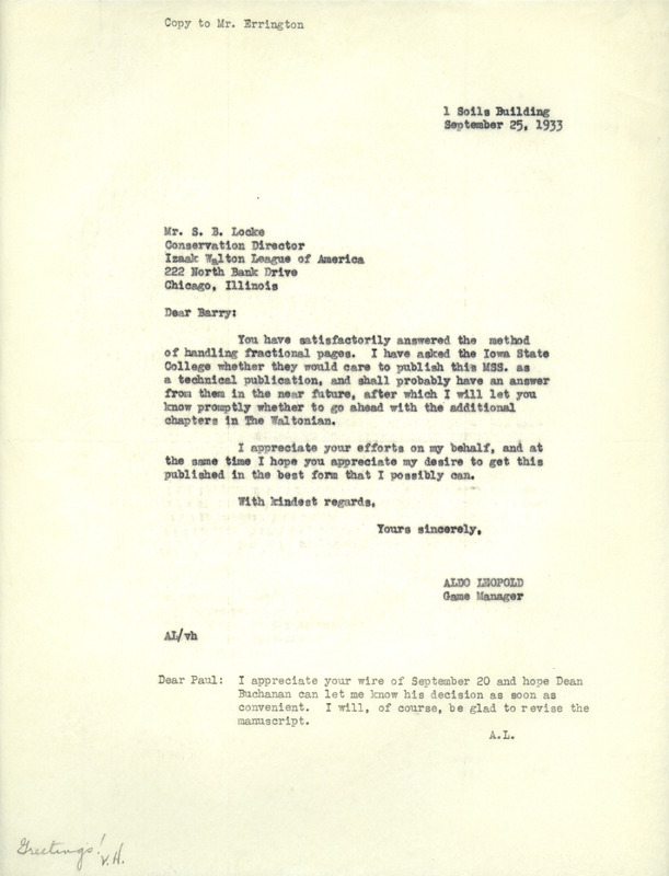 Aldo Leopold letter to Locke, September 25, 1933